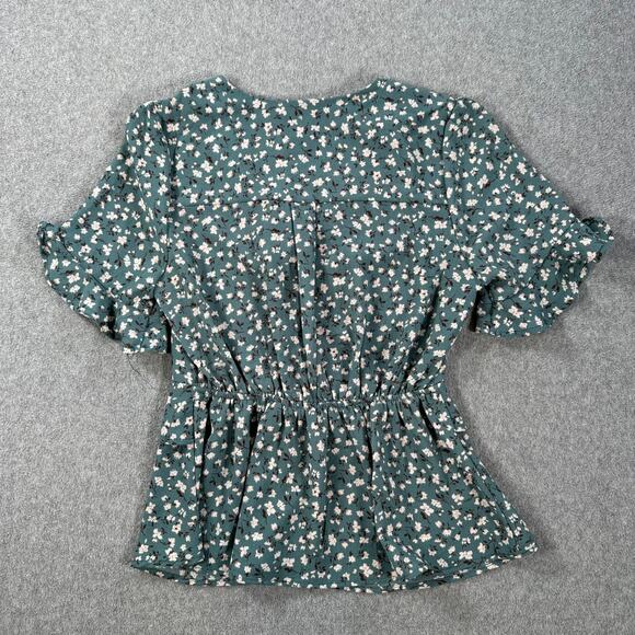 Monteau Floral V-Neck Blouse Women's Medium Blue Short Sleeve Bow Ruched - Picture 8 of 8